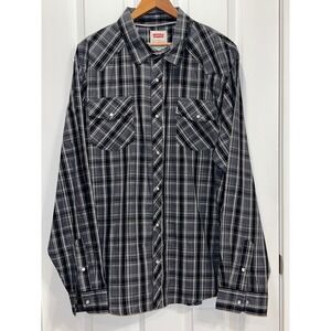 Levis Mens Western Pearl Snap Plaid Shirt Black Grey XXL 3LMLW0073